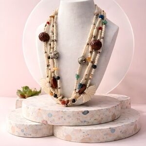 VTG 4 Strand Carved Bone Bead Necklace Jasper Carnelian Sodalite Agate Boho 24”